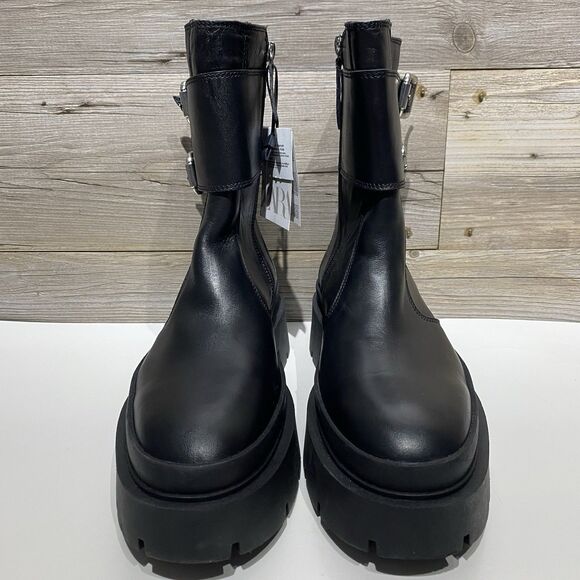 ZARA Chunky Lug Sole Ankle Boots Black Leather Buckles Side Zip Moto Y2K Size 8 - Picture 2 of 10